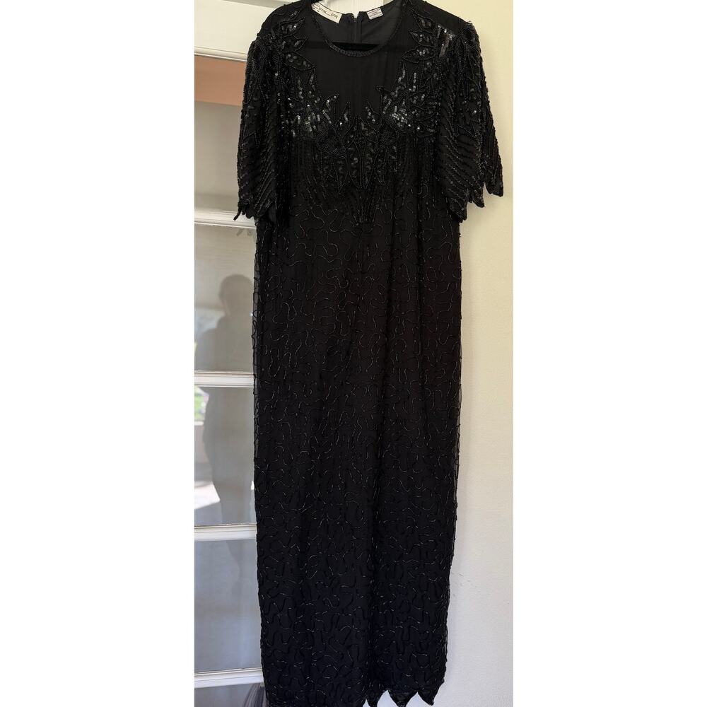 Vintage Scala Black 100% silk fully beaded gown / mother of the bride dress / XL